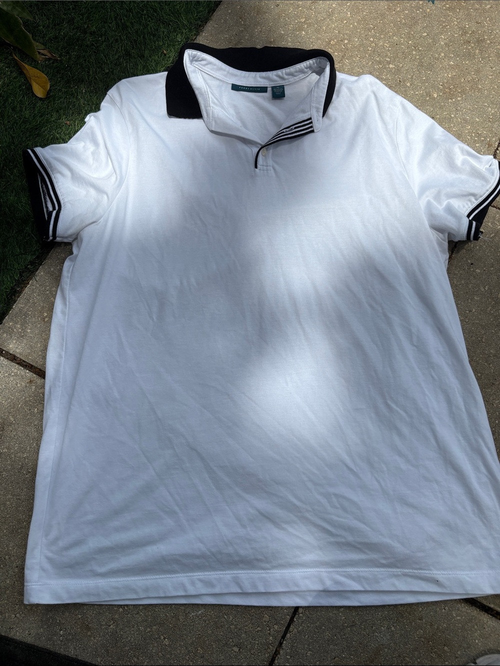 Perry Ellis White Polo with Black Collar and Sleeve Stripes